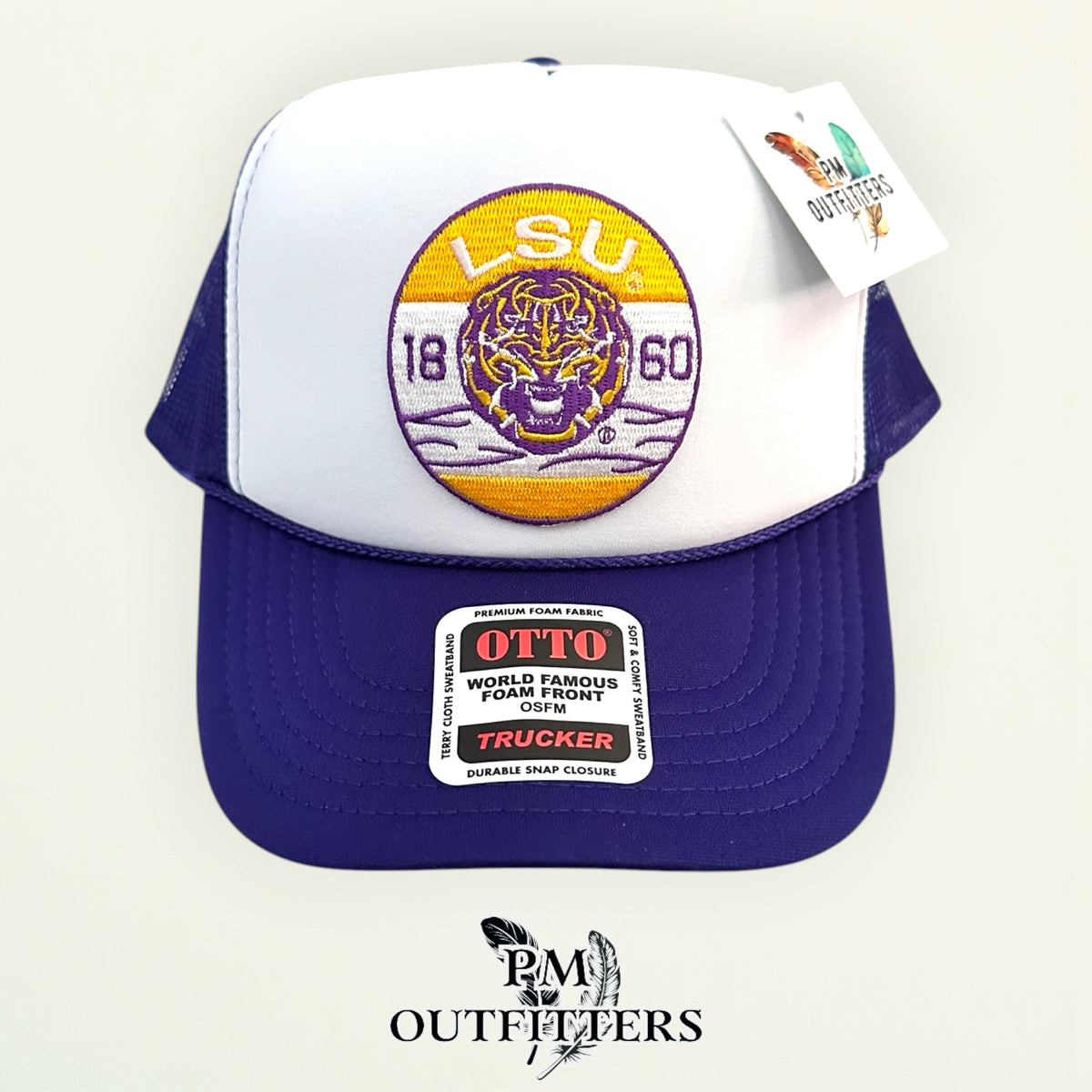 PM Outfitters LSU Tigers 1860 embroidered patch Otto foam front rope white purple trucker hat