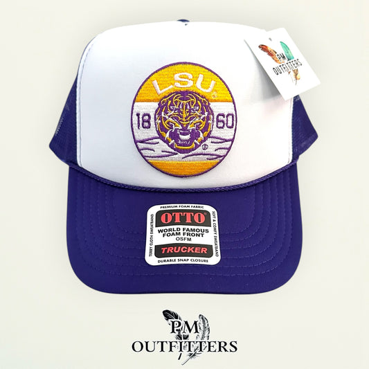 PM Outfitters LSU Tigers 1860 embroidered patch Otto foam front rope white purple trucker hat