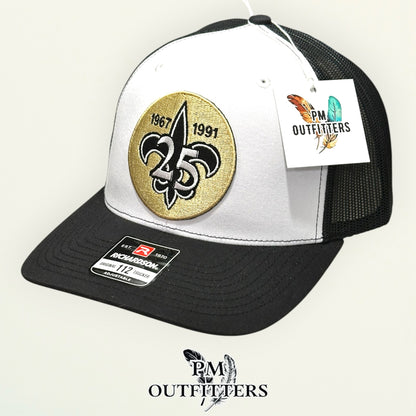 New Orleans Saints 25th Anniversary Trucker Hat | PM Outfitters Richardson 112 White & Black | Who Dat Fan Gear