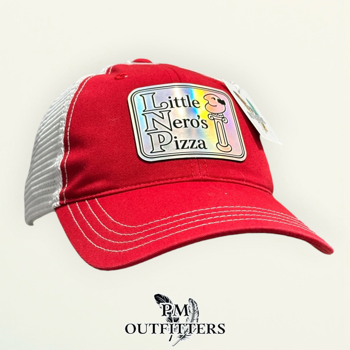 Little Nero's Pizza trucker hat profile view red front white mesh
