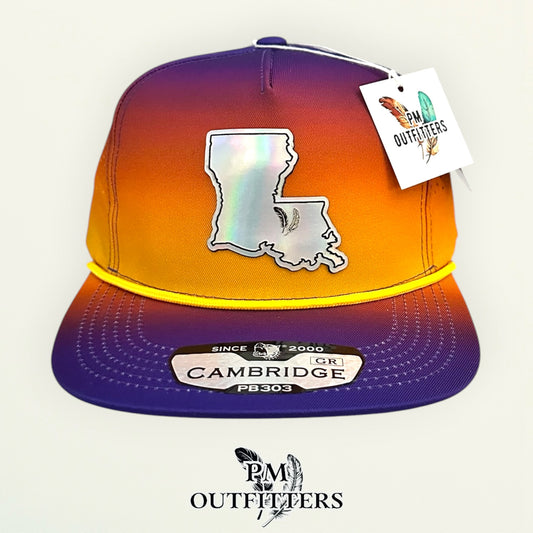 PM Outfitters LSU Tailgate Season holographic vegan leather Louisiana state outline patch trucker hat Baton Rouge two-feather logo purple gold gradient