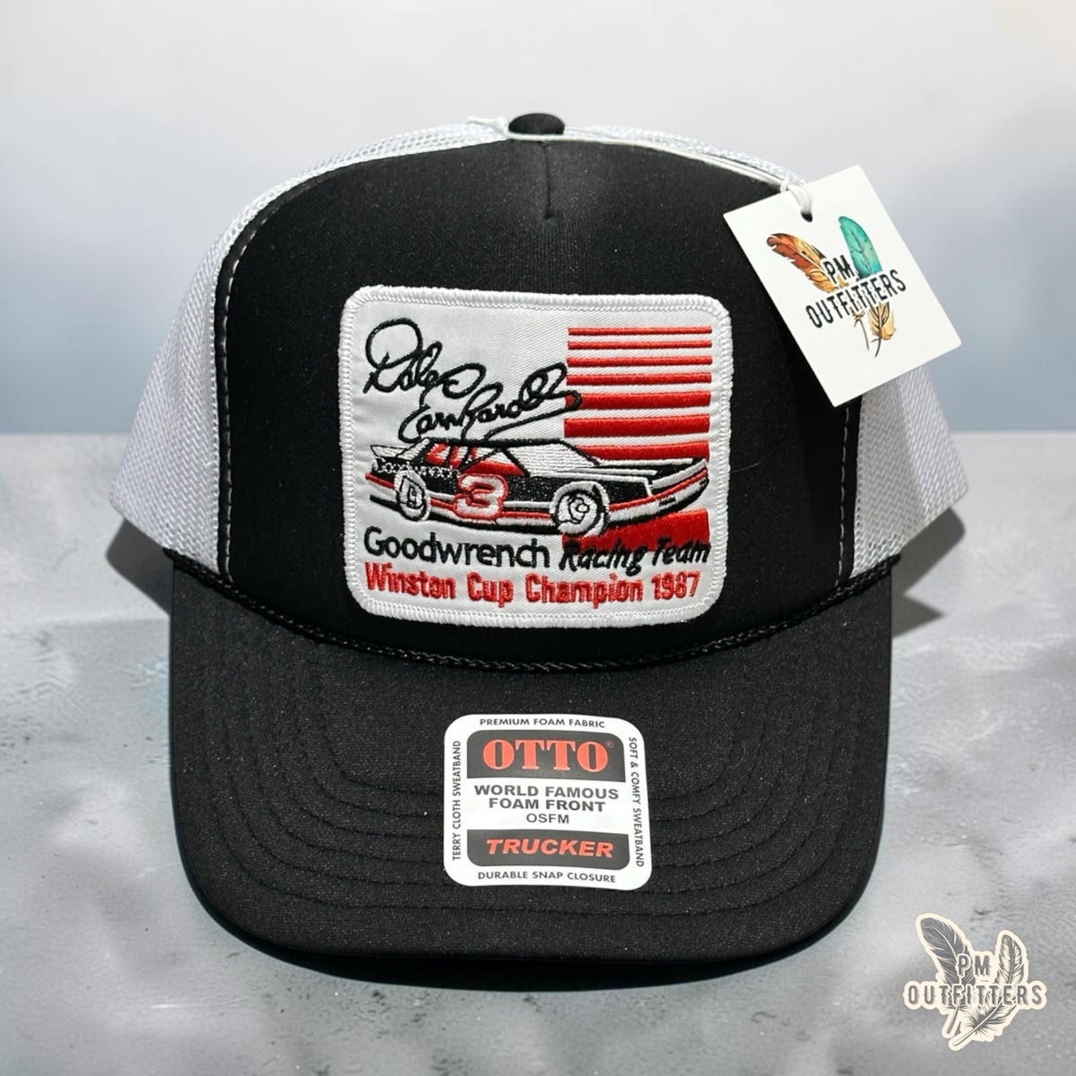 PM Outfitters Dale Earnhardt Goodwrench trucker hat black white Otto foam front rope embroidered patch