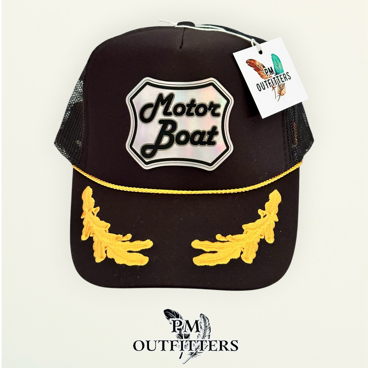 PM Outfitters hang tag Motor Boat Captain trucker hat