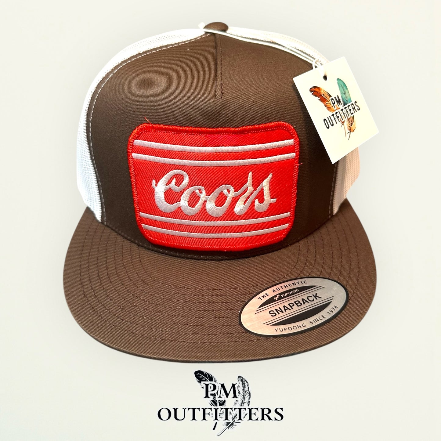 Coors Beer Trucker Hat — PM Outfitters Retro Patch | Yupoong Flat Bill Brown White Rocky Mountain Heritage