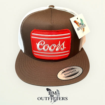 Coors Beer Trucker Hat — PM Outfitters Retro Patch | Yupoong Flat Bill Brown White Rocky Mountain Heritage