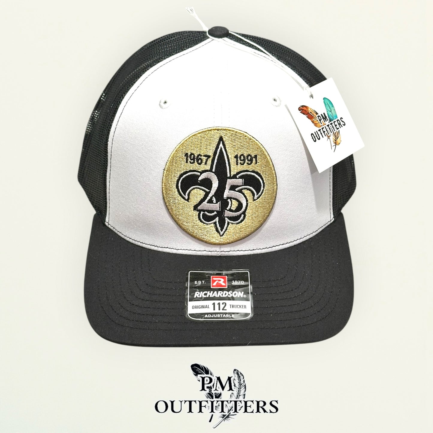 New Orleans Saints 25th Anniversary Trucker Hat | PM Outfitters Richardson 112 White & Black | Who Dat Fan Gear