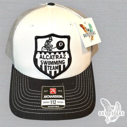 Vintage Alcatraz Swimming Team Patch Trucker Hat - Richardson 112 White, Black & Gray
