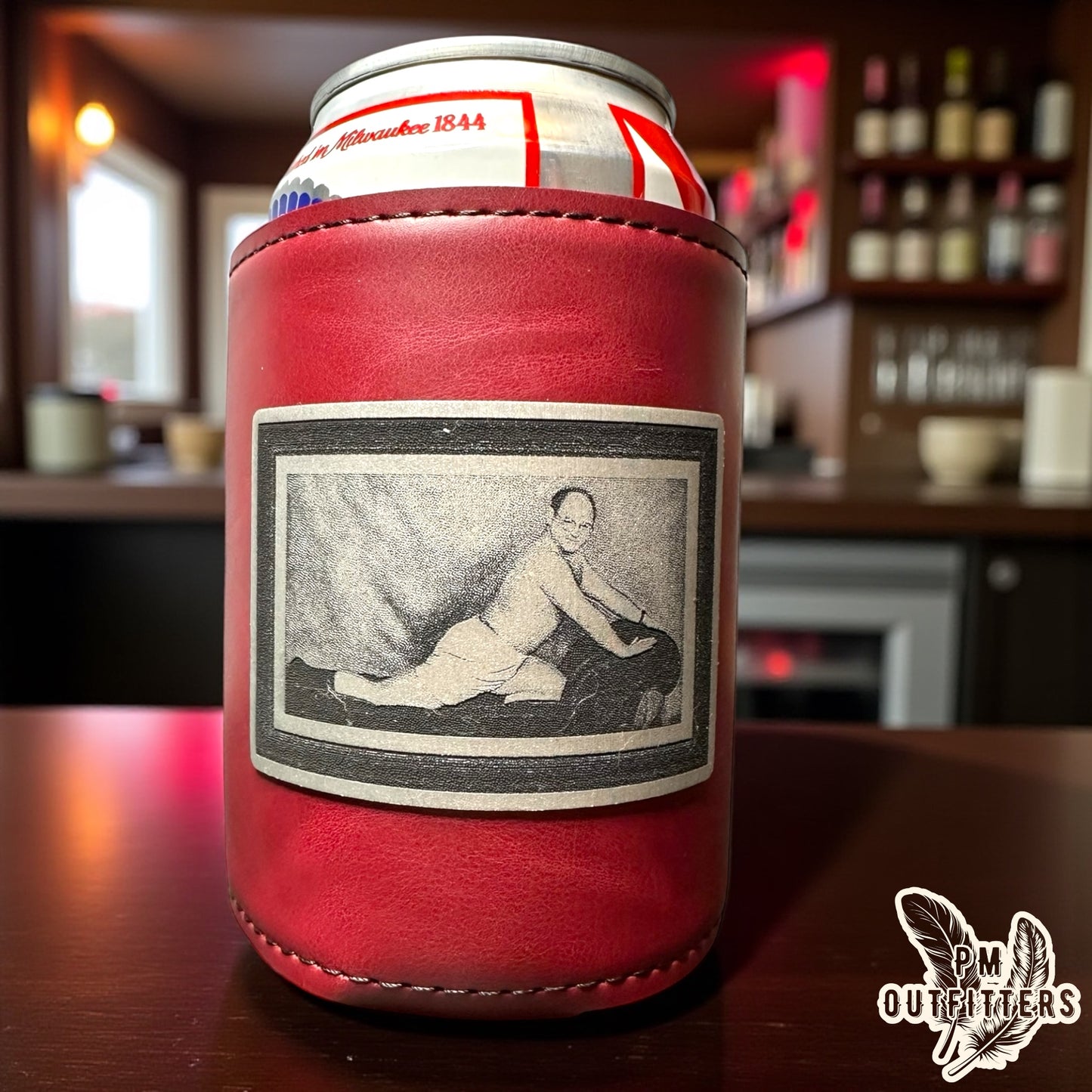 PM Outfitters Custom Laser Engraved Seinfeld George Costanza Portrait Premium Leatherette Can Cooler - Maroon Koozie