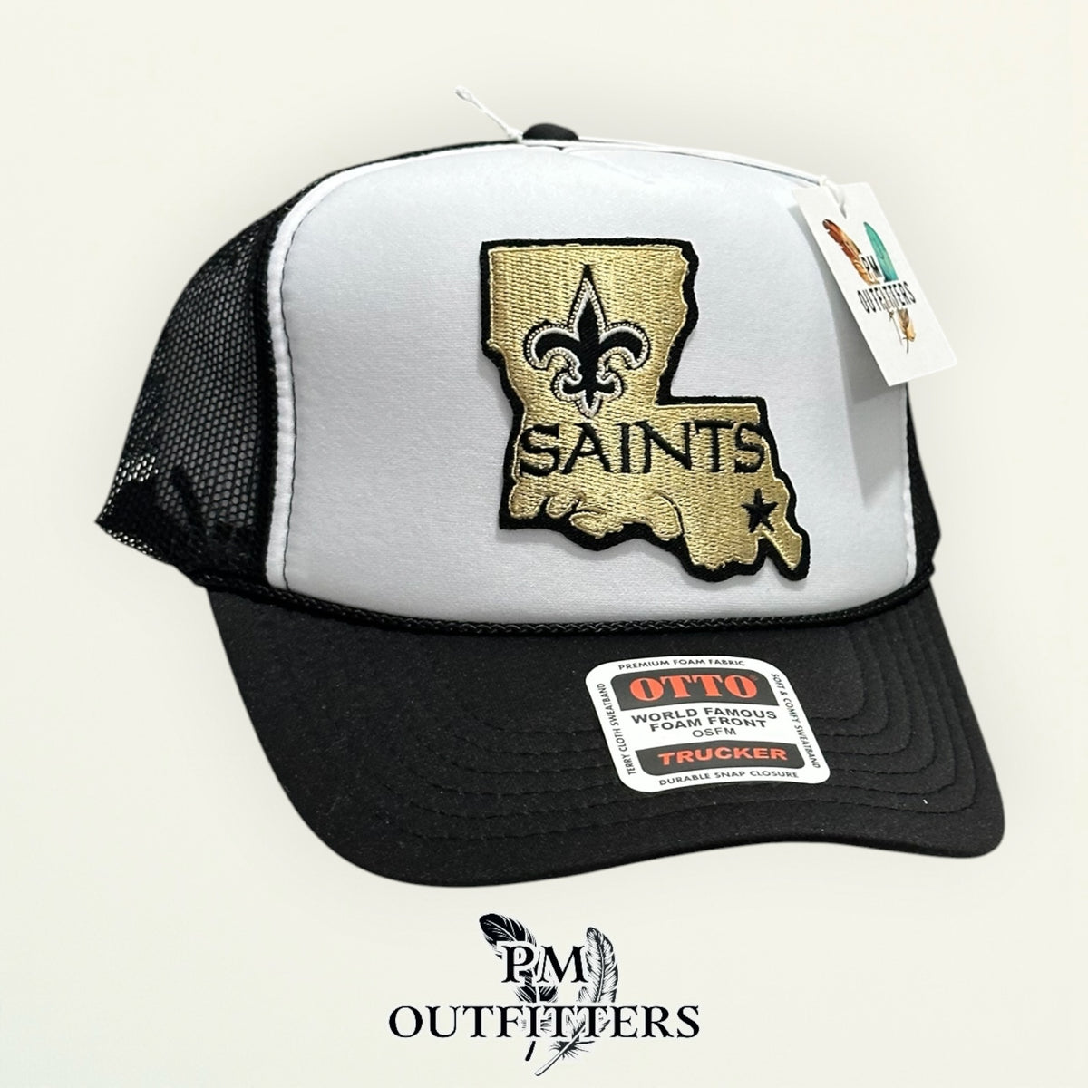 PM Outfitters New Orleans Saints Louisiana state outline embroidered patch Otto foam front rope white black trucker hat