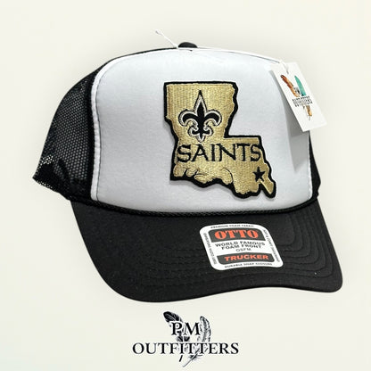 PM Outfitters New Orleans Saints Louisiana state outline embroidered patch Otto foam front rope white black trucker hat