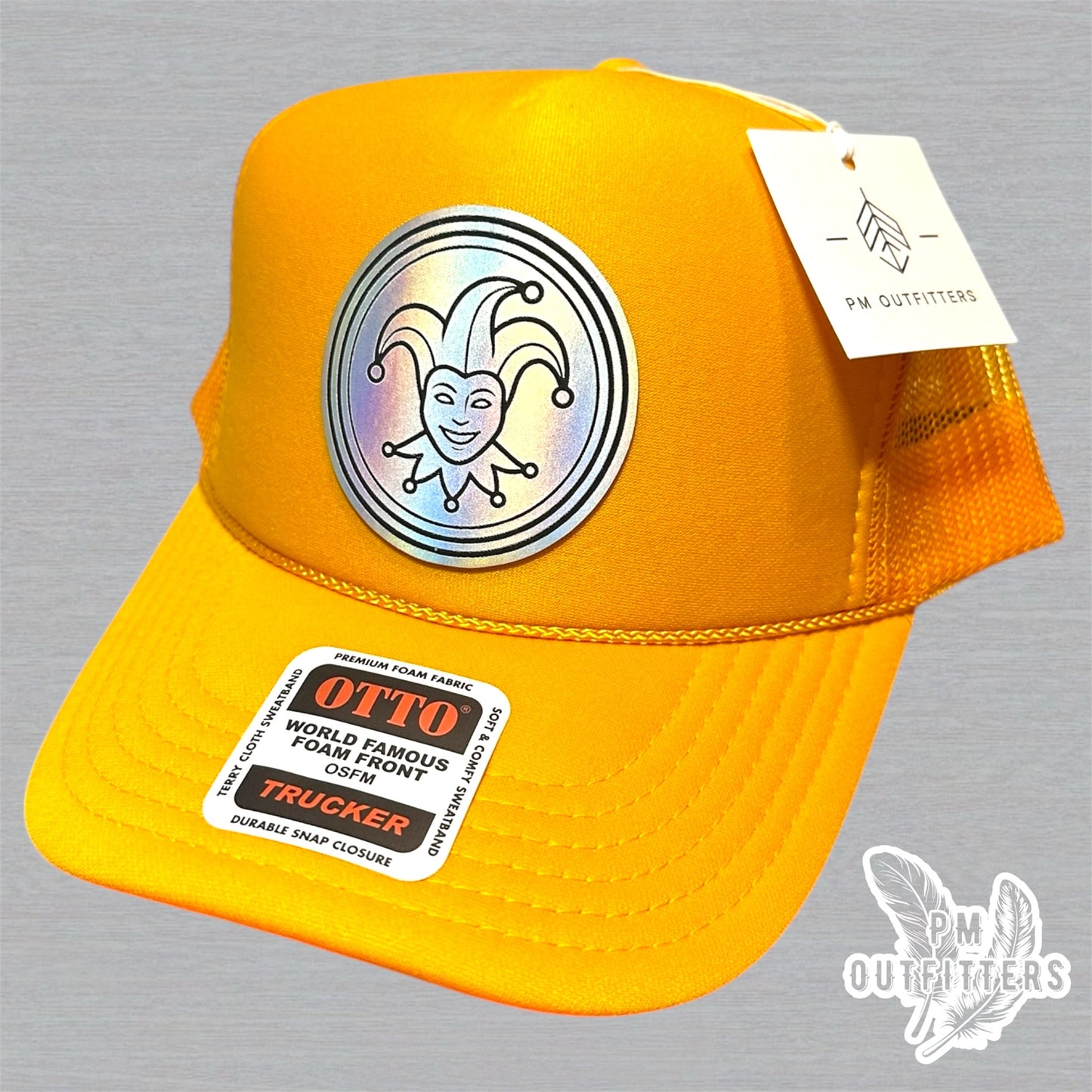 Mardi Gras Holographic Jester Doubloon Trucker Hat - Gold Otto Foam Front