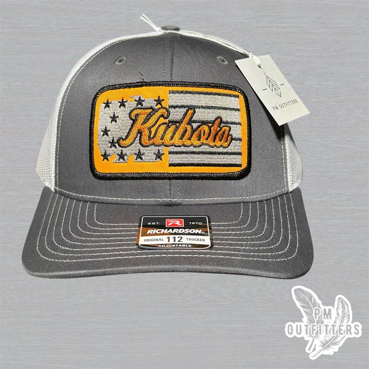 Kubota Tractor American Flag Patch Charcoal & White Richardson 112 Trucker Hat