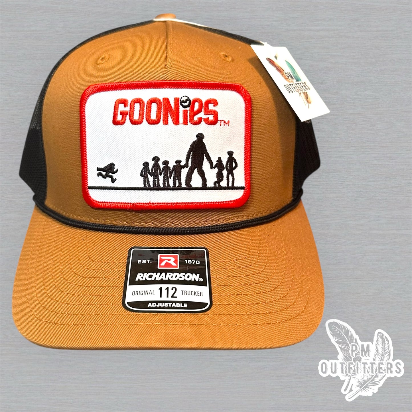 Vintage Goonies Patch Trucker Hat - Richardson 112 Caramel Black Rope