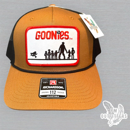Vintage Goonies Patch Trucker Hat - Richardson 112 Caramel Black Rope