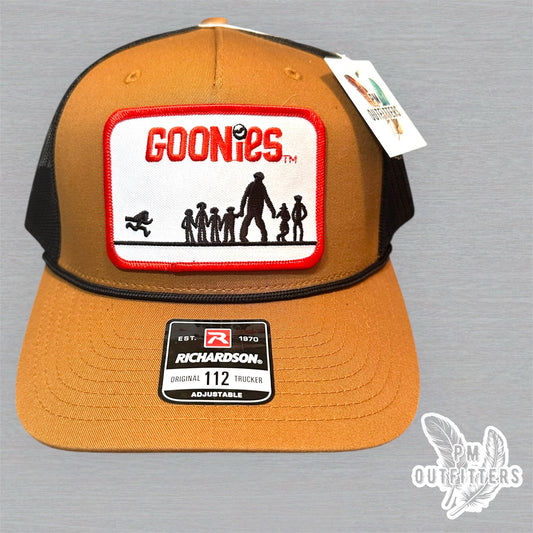 Vintage Goonies Patch Trucker Hat - Richardson 112 Caramel Black Rope