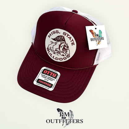 PM Outfitters Mississippi State Bulldogs retro circular patch Otto foam front rope maroon white trucker hat