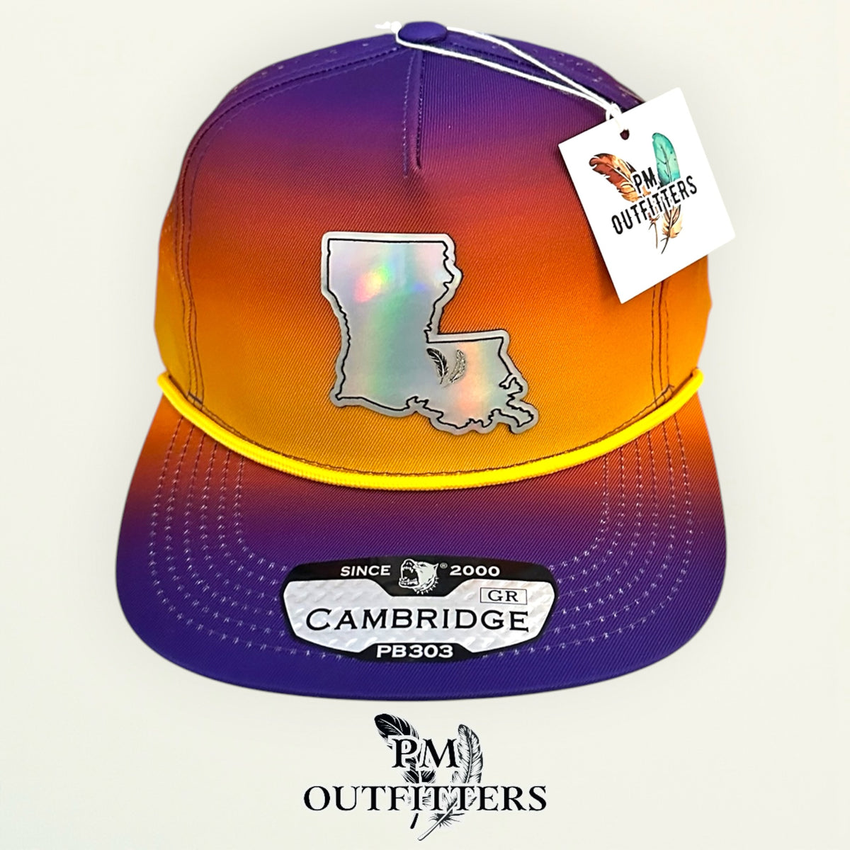 PM Outfitters LSU Tailgate Season holographic vegan leather Louisiana state outline patch trucker hat Baton Rouge two-feather logo purple gold gradient