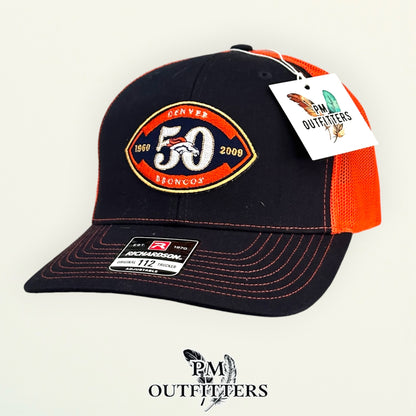 PM Outfitters Denver Broncos 50th Anniversary embroidered patch Richardson 112 black orange trucker hat