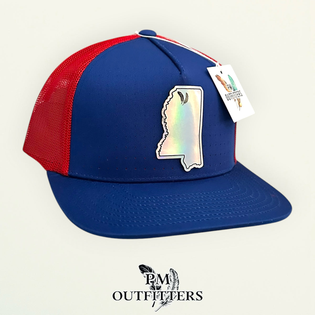PM Outfitters Ole Miss Tailgate Season holographic vegan leather Mississippi state outline patch trucker hat Oxford two-feather logo blue red