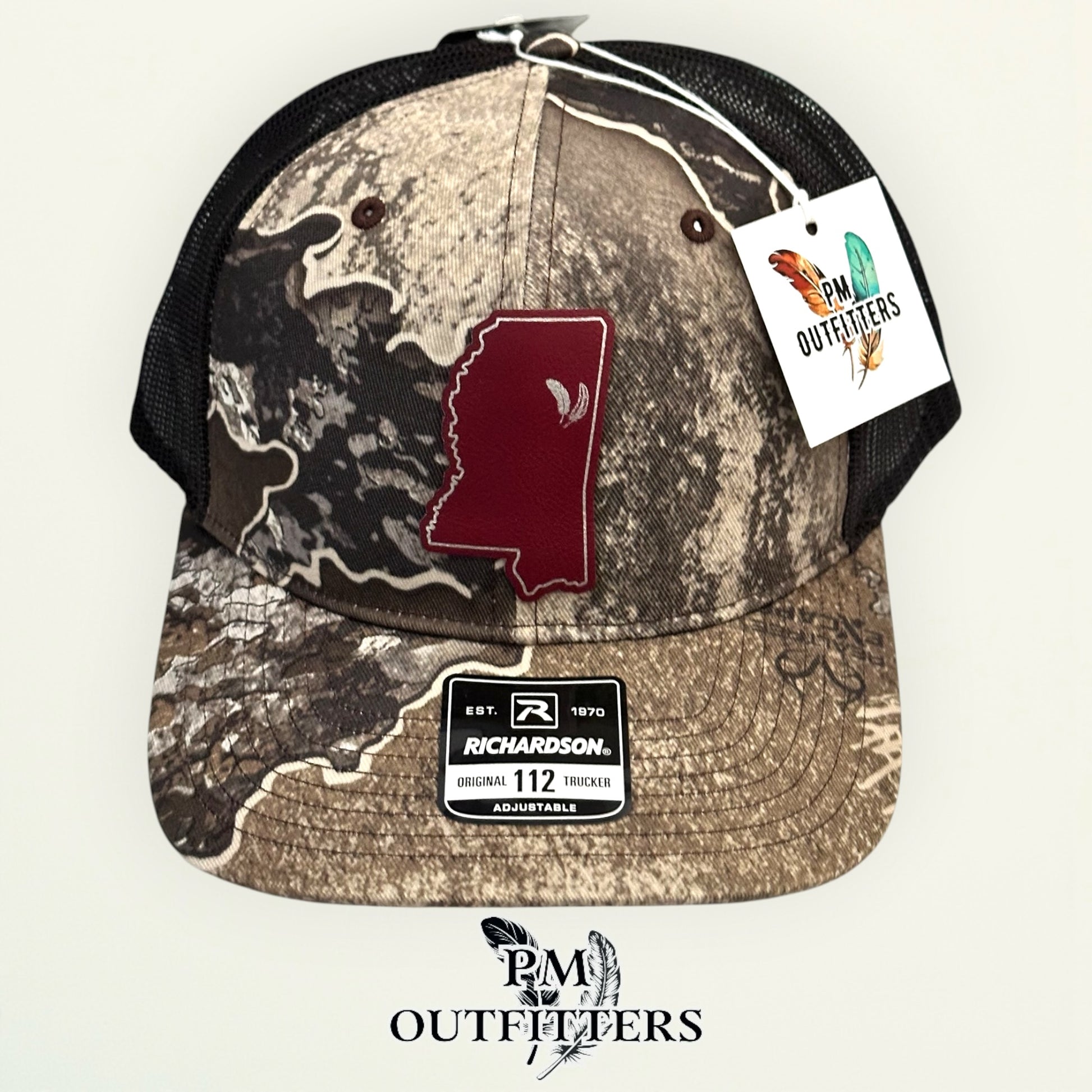PM Outfitters Mississippi State Tailgate Season maroon vegan leather patch Richardson 112 Realtree Excape camo trucker hat