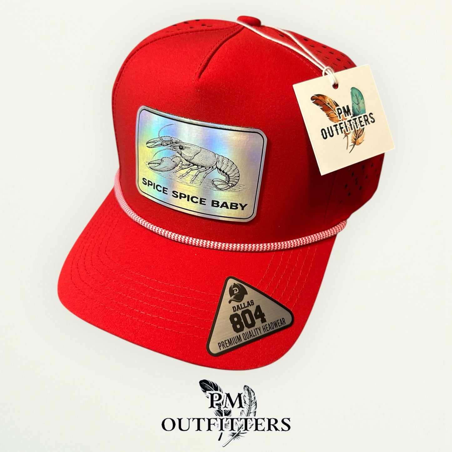 Spice Spice Baby Crawfish Hat | PM Outfitters Exclusive Holographic Laser Patch | Dallas 804 Red Waterproof Rope Hat