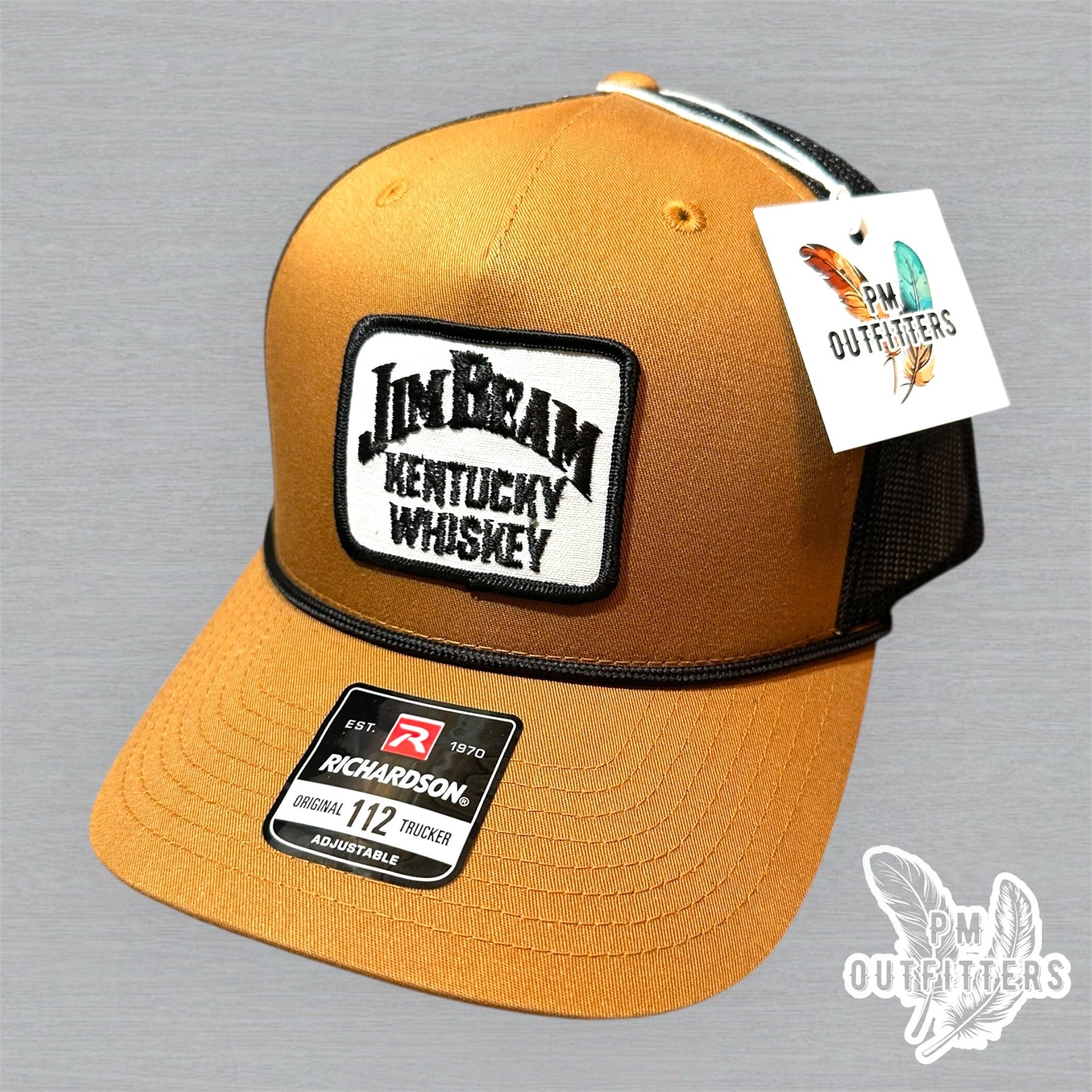 Vintage Jim Beam Kentucky Whiskey Patch Trucker Hat - Richardson 112 Caramel Black Rope
