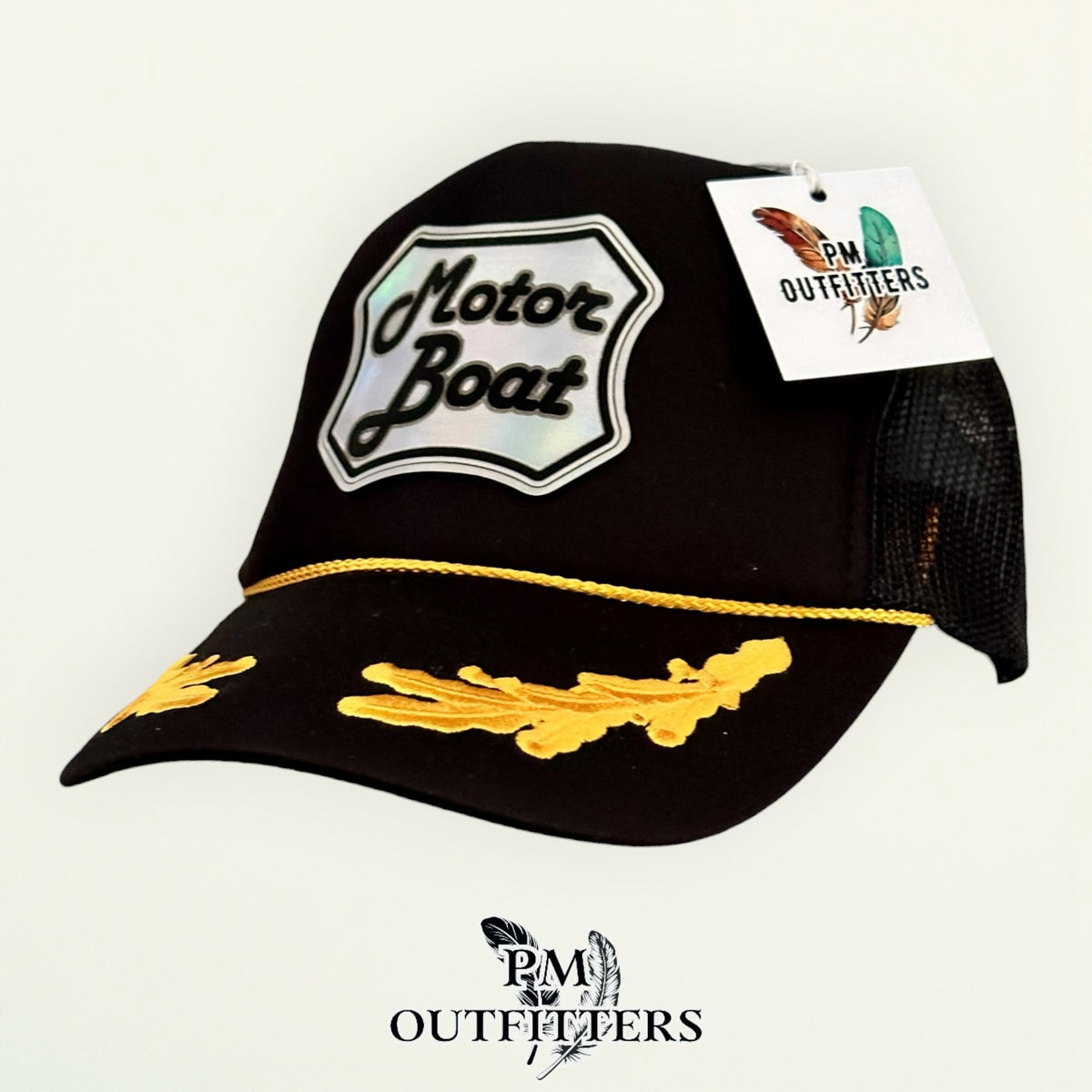 Motor Boat Captain Otto foam front trucker hat profile view gold captain leaf brim