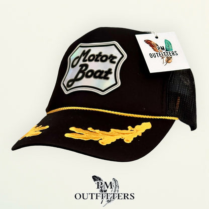 Motor Boat Captain Otto foam front trucker hat profile view gold captain leaf brim