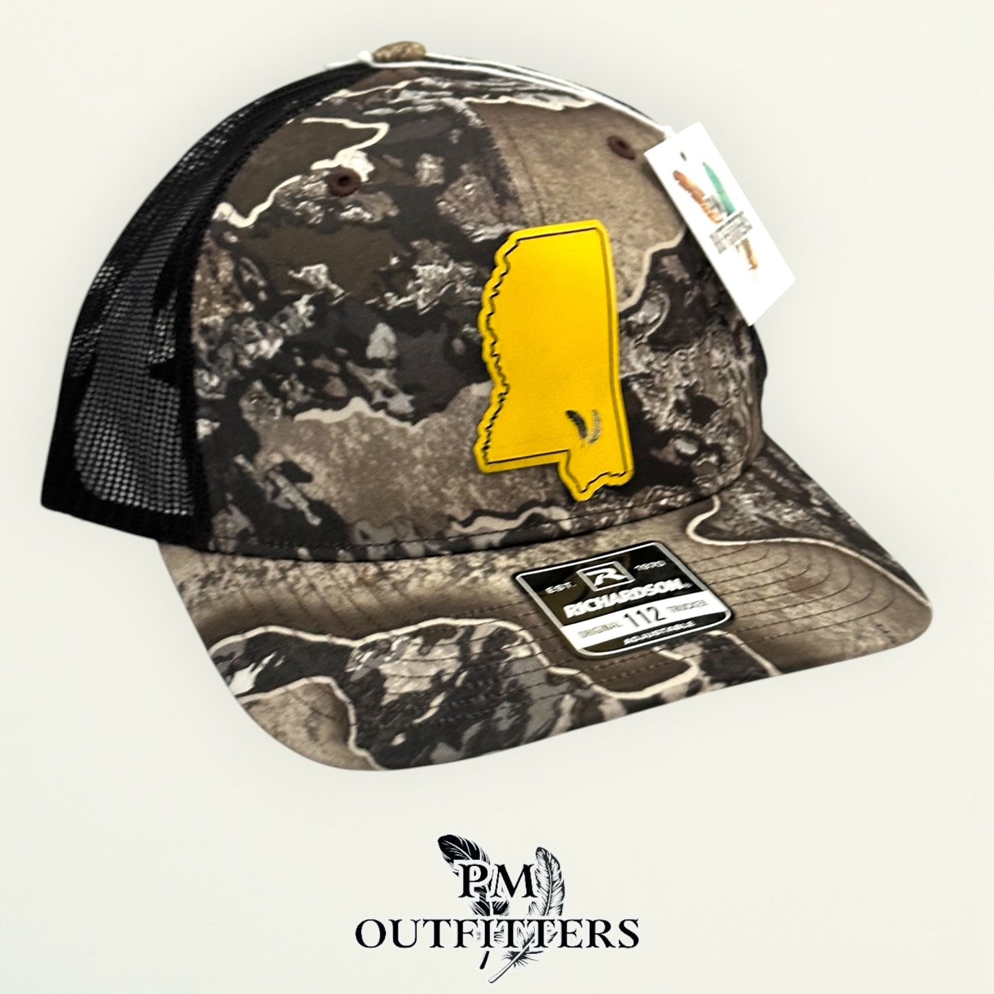 PM Outfitters Southern Miss Tailgate Season gold black vegan leather patch Richardson 112 Realtree Excape camo trucker hat
