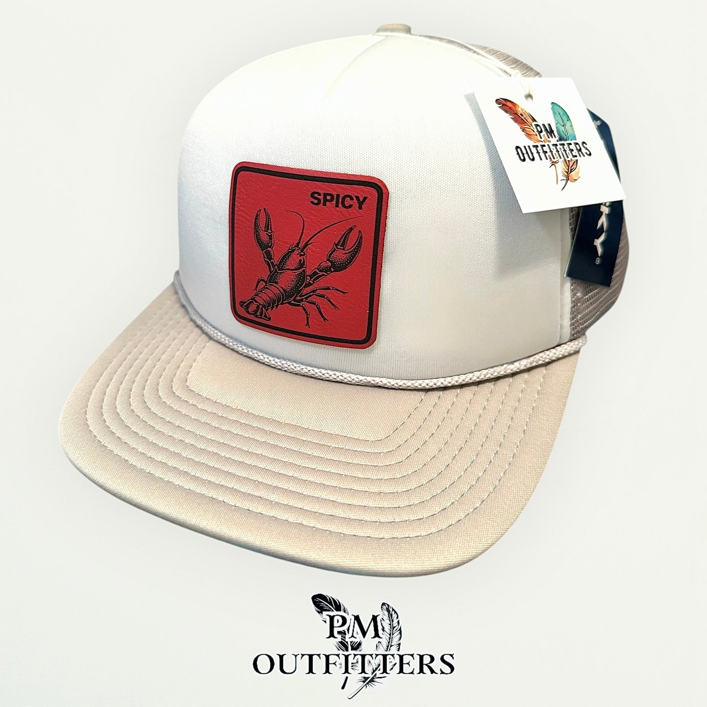 Spicy Crawfish Laser Engraved Patch Hat | Decky Foam Flat Bill Rope Trucker Gray White | PM Outfitters Exclusive Design