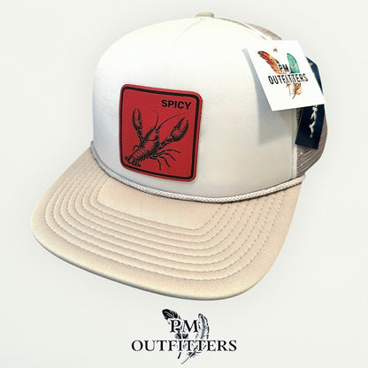 Spicy Crawfish Laser Engraved Patch Hat | Decky Foam Flat Bill Rope Trucker Gray White | PM Outfitters Exclusive Design