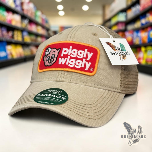 PM Outfitters Piggly Wiggly trucker hat beige Legacy Dashboard retro embroidered pig mascot patch