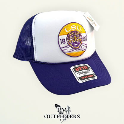 PM Outfitters LSU Tigers 1860 embroidered patch Otto foam front rope white purple trucker hat