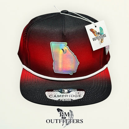 PM Outfitters Georgia Bulldogs holographic vegan leather state outline patch Pitbull Cambridge PB303 gradient black red trucker hat