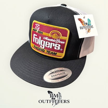 TG Sheppard Folgers Racing Team Trucker Hat - PM Outfitters | Yupoong 6006 Black White Flatbill NASCAR