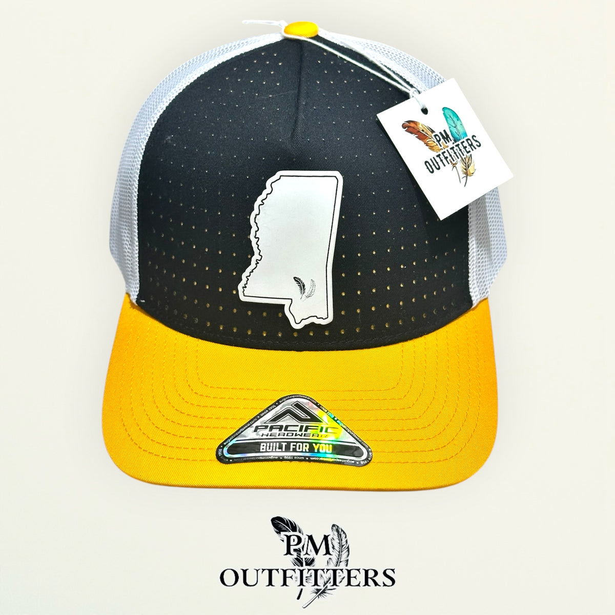 PM Outfitters Southern Miss white vegan leather state outline patch Pacific Headwear 105P black gold white trucker hat