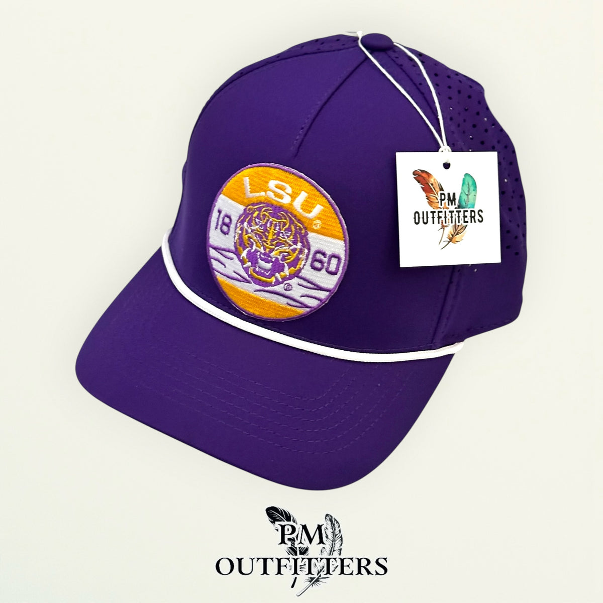 PM Outfitters LSU 1860 embroidered patch Outdoor Cap OC551PF purple white performance rope cap