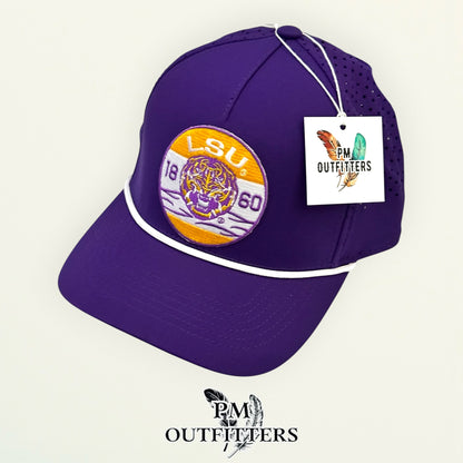 PM Outfitters LSU 1860 embroidered patch Outdoor Cap OC551PF purple white performance rope cap