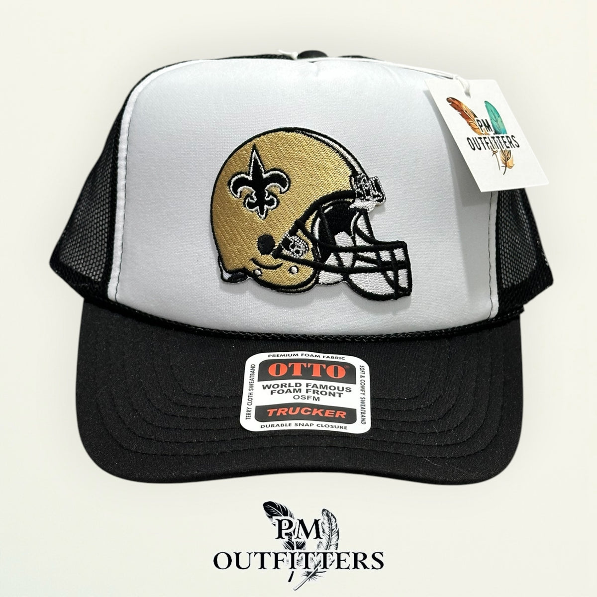 PM Outfitters New Orleans Saints helmet embroidered patch Otto foam front rope white black trucker hat