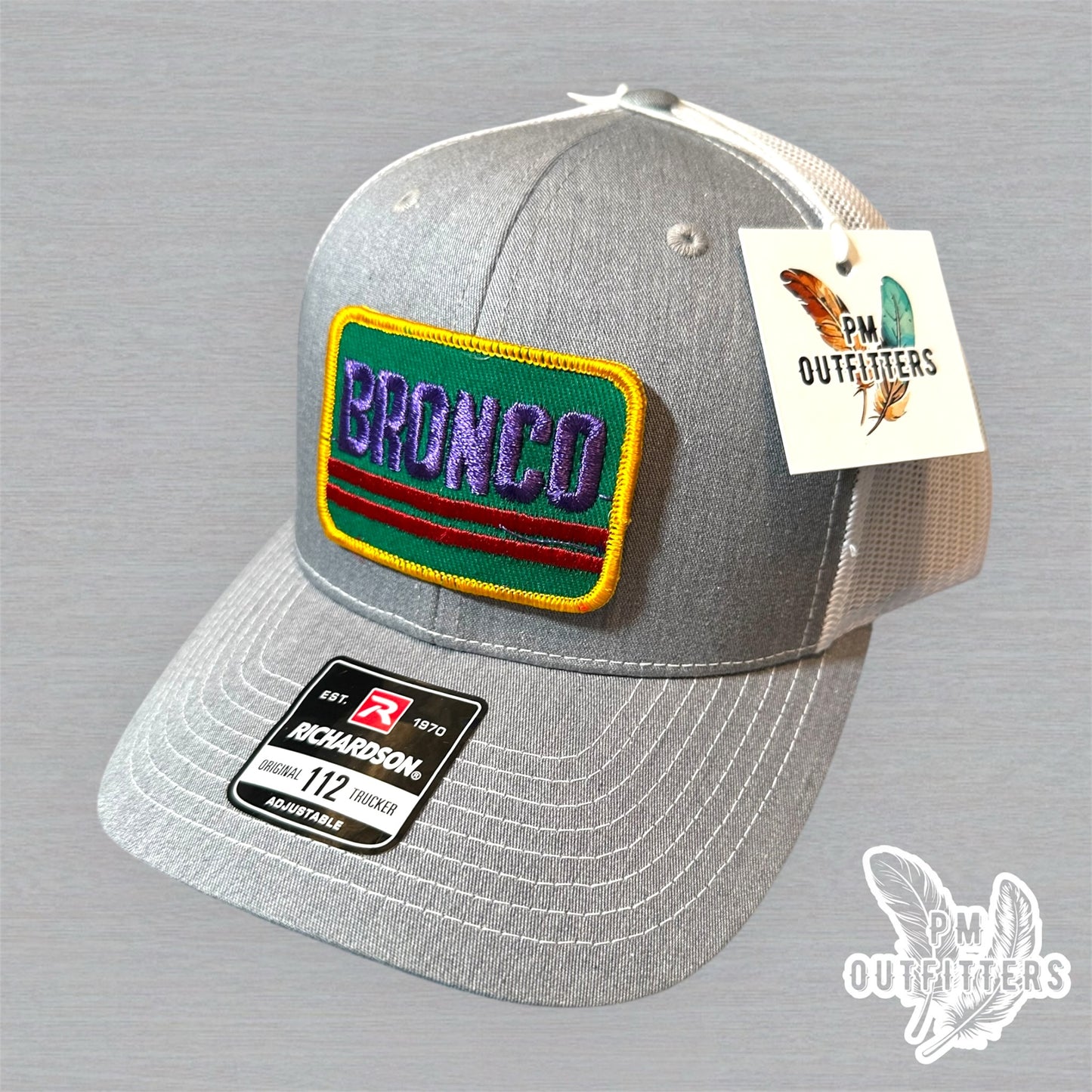 Ford Bronco Vintage Patch Trucker Hat - Richardson 112 Heather Gray White