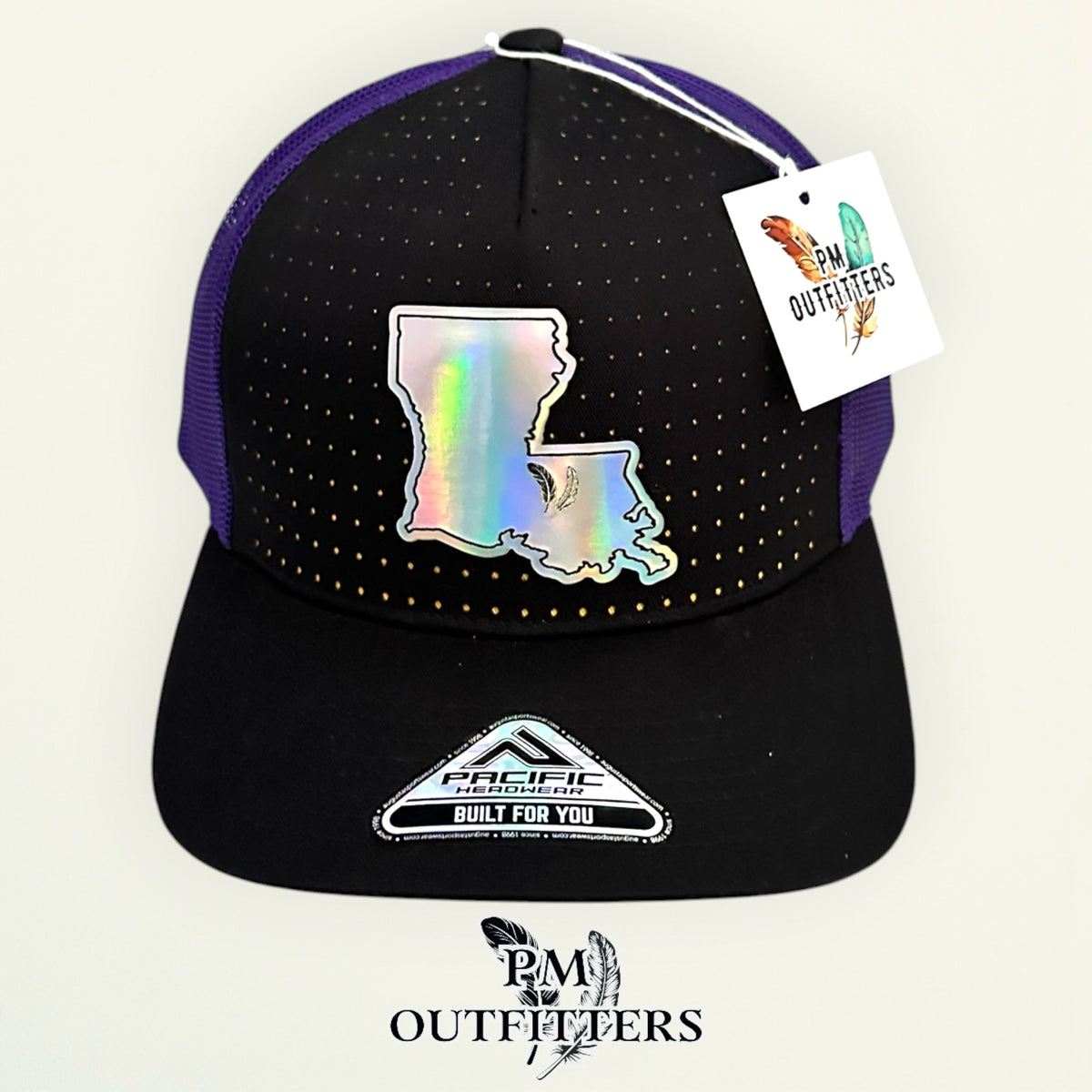 PM Outfitters LSU Tailgate Season holographic vegan leather Louisiana state outline patch trucker hat Baton Rouge two-feather logo purple gold