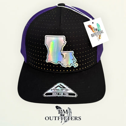 PM Outfitters LSU Tailgate Season holographic vegan leather Louisiana state outline patch trucker hat Baton Rouge two-feather logo purple gold