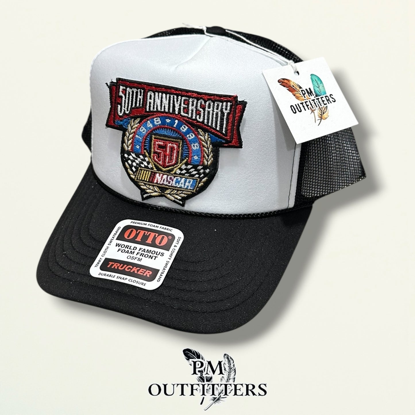 NASCAR 50th Anniversary Trucker Hat – PM Outfitters True Vintage Patch | Otto Foam Rope Black & White