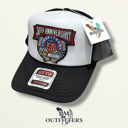 NASCAR 50th Anniversary Trucker Hat – PM Outfitters True Vintage Patch | Otto Foam Rope Black & White