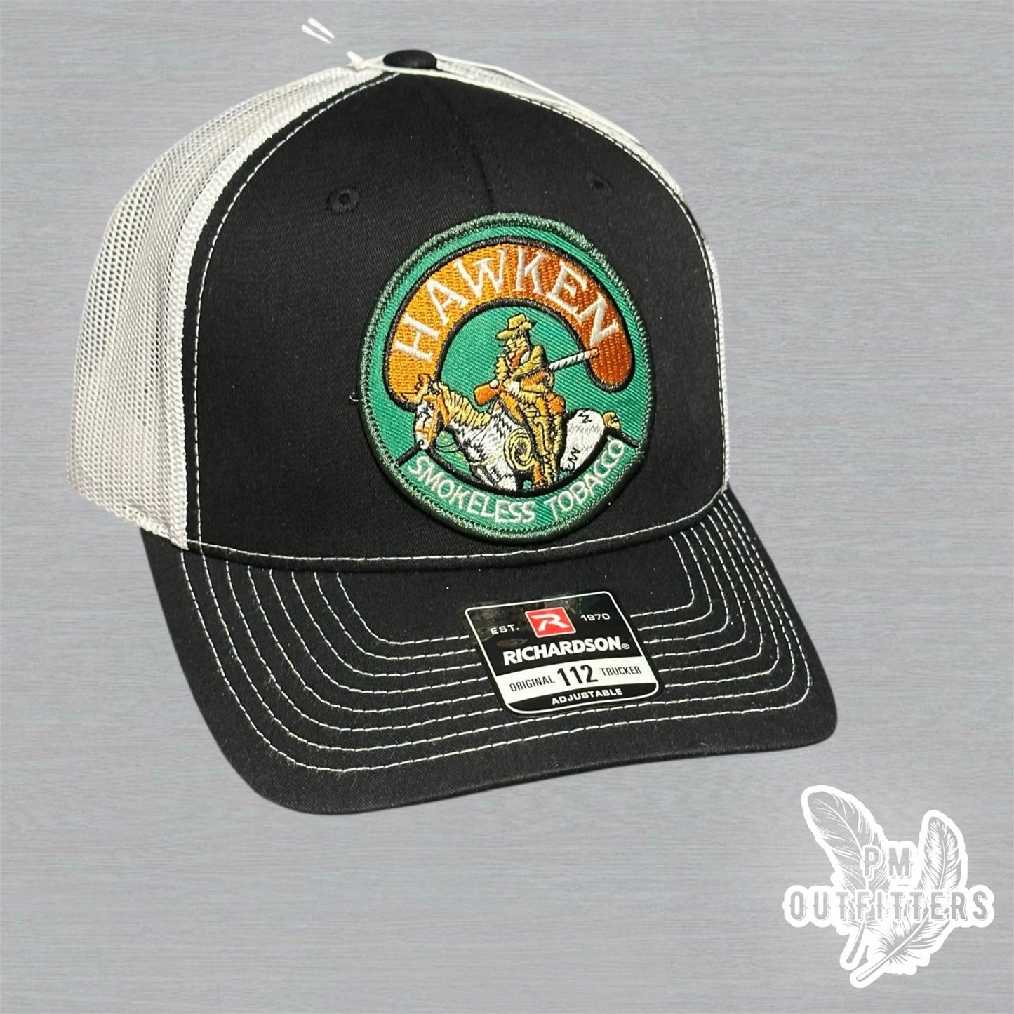 Hawken Smokeless Tobacco Embroidered Patch Black & White Richardson 112 Trucker Hat