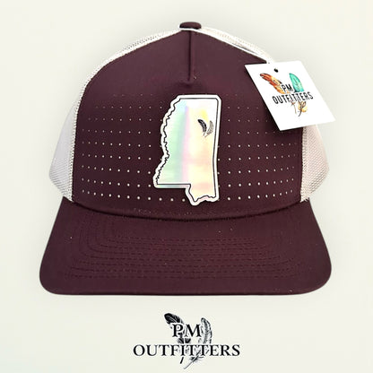 PM Outfitters Mississippi State Tailgate Season holographic vegan leather Mississippi state outline patch trucker hat Starkville two-feather logo maroon white
