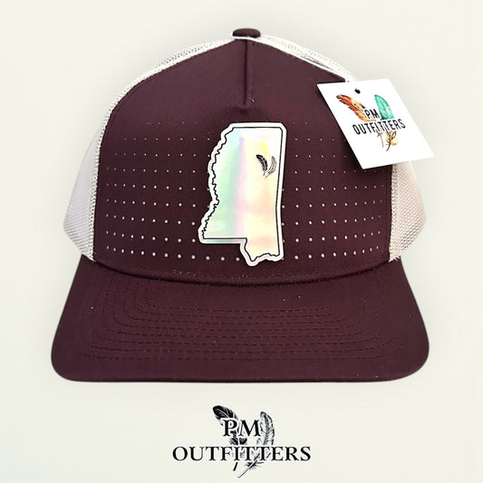 PM Outfitters Mississippi State Tailgate Season holographic vegan leather Mississippi state outline patch trucker hat Starkville two-feather logo maroon white