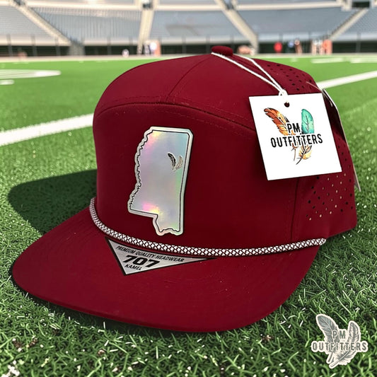 PM Outfitters Mississippi State Tailgate Season holographic vegan leather Mississippi state outline patch trucker hat Starkville two-feather logo maroon white