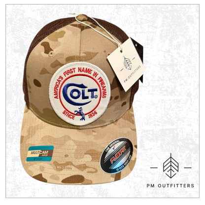 Colt 45 Firearms Embroidered Patch on FlexFit Camo Trucker Hat