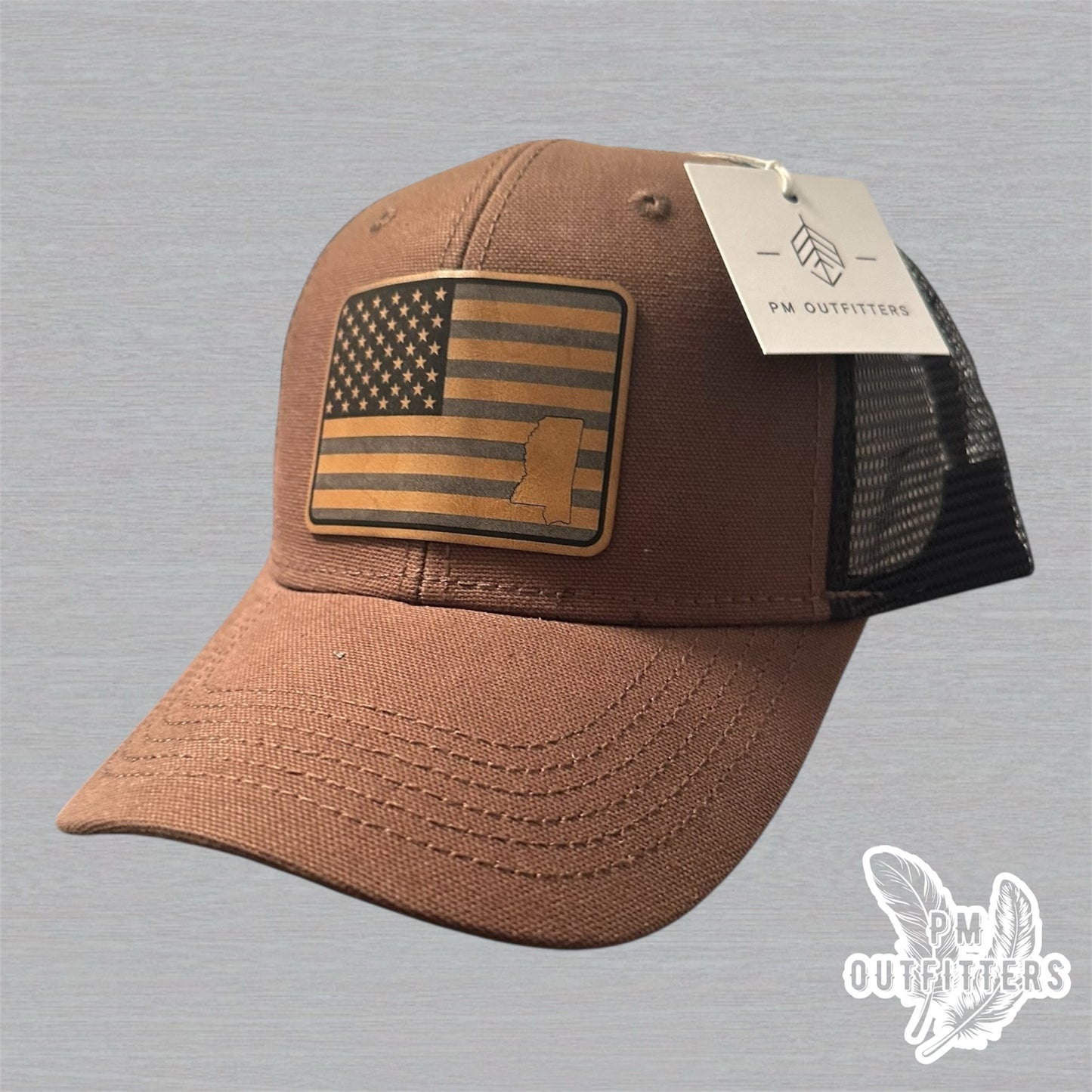 PM Outfitters Custom Design American Flag MS DriDuck Canvas Trucker Hat